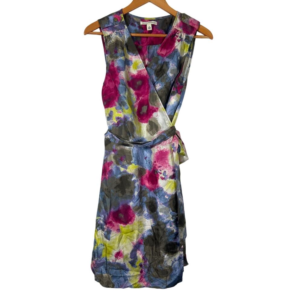 Banana Republic True Wrap Dress Medium 100% Silk Watercolor Sleeveless Knee